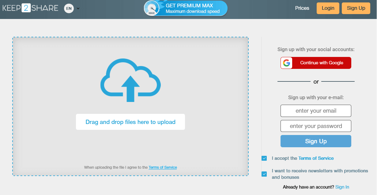 Keep2share Login & Homepage